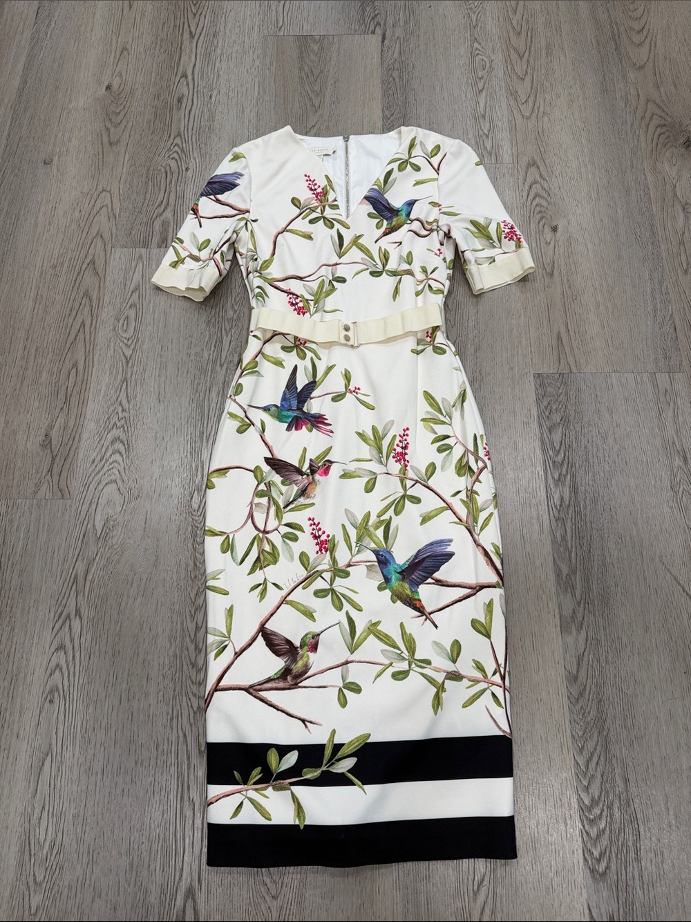 Ted Baker Cream Midi Dress with Multicolor Hummingbird Print